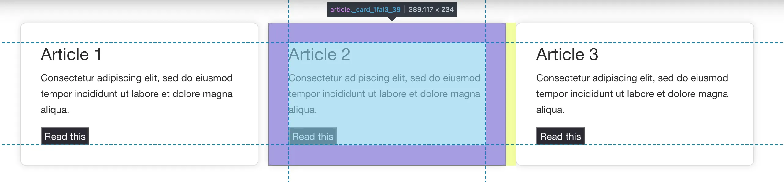 3 cards in a row with margin, middle card is highlighted with devtools 3 cards in a row with margin, middle card is highlighted with devtools