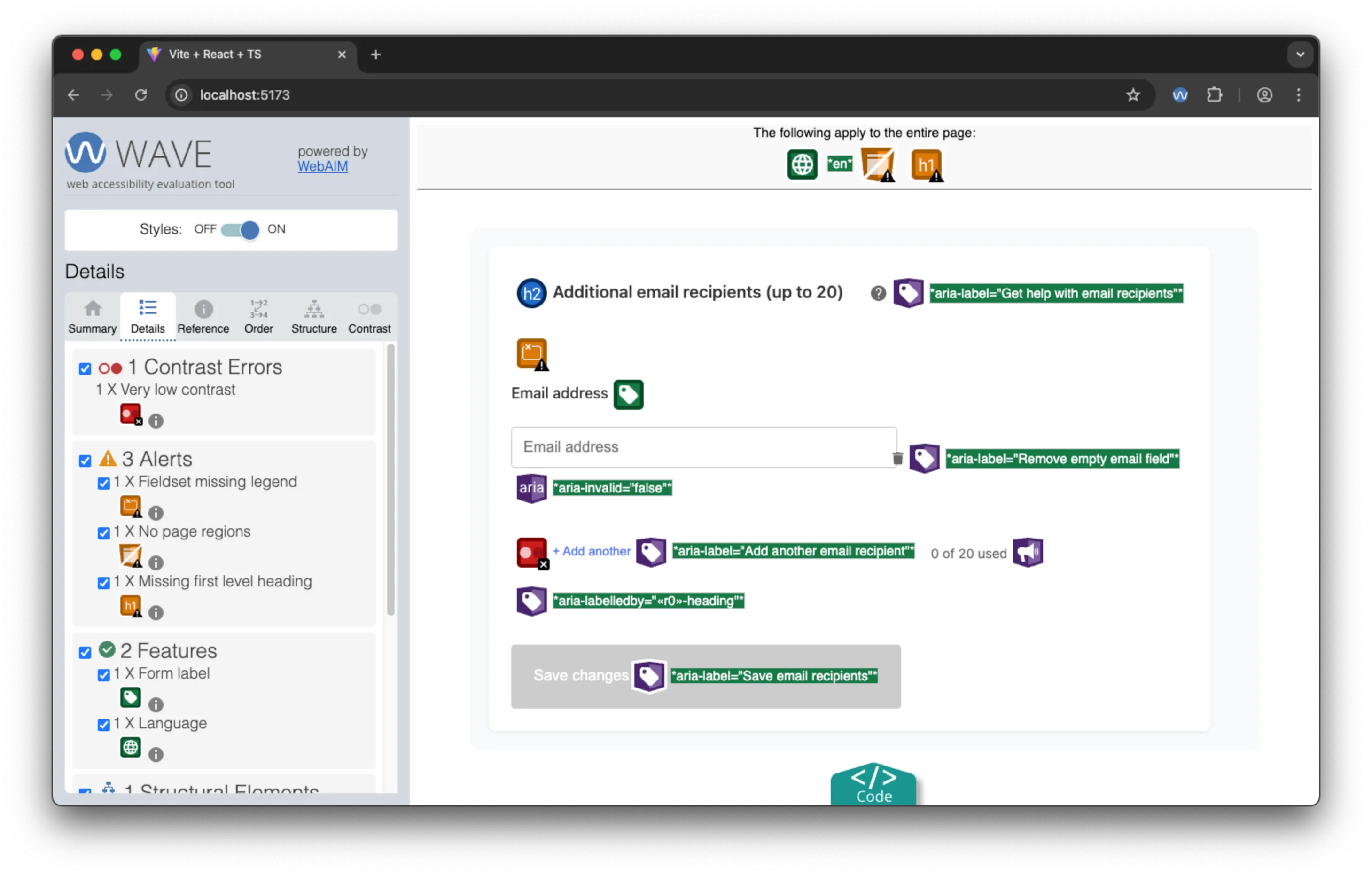 Claude, highlights using the WAVE browser extension to check 1 input