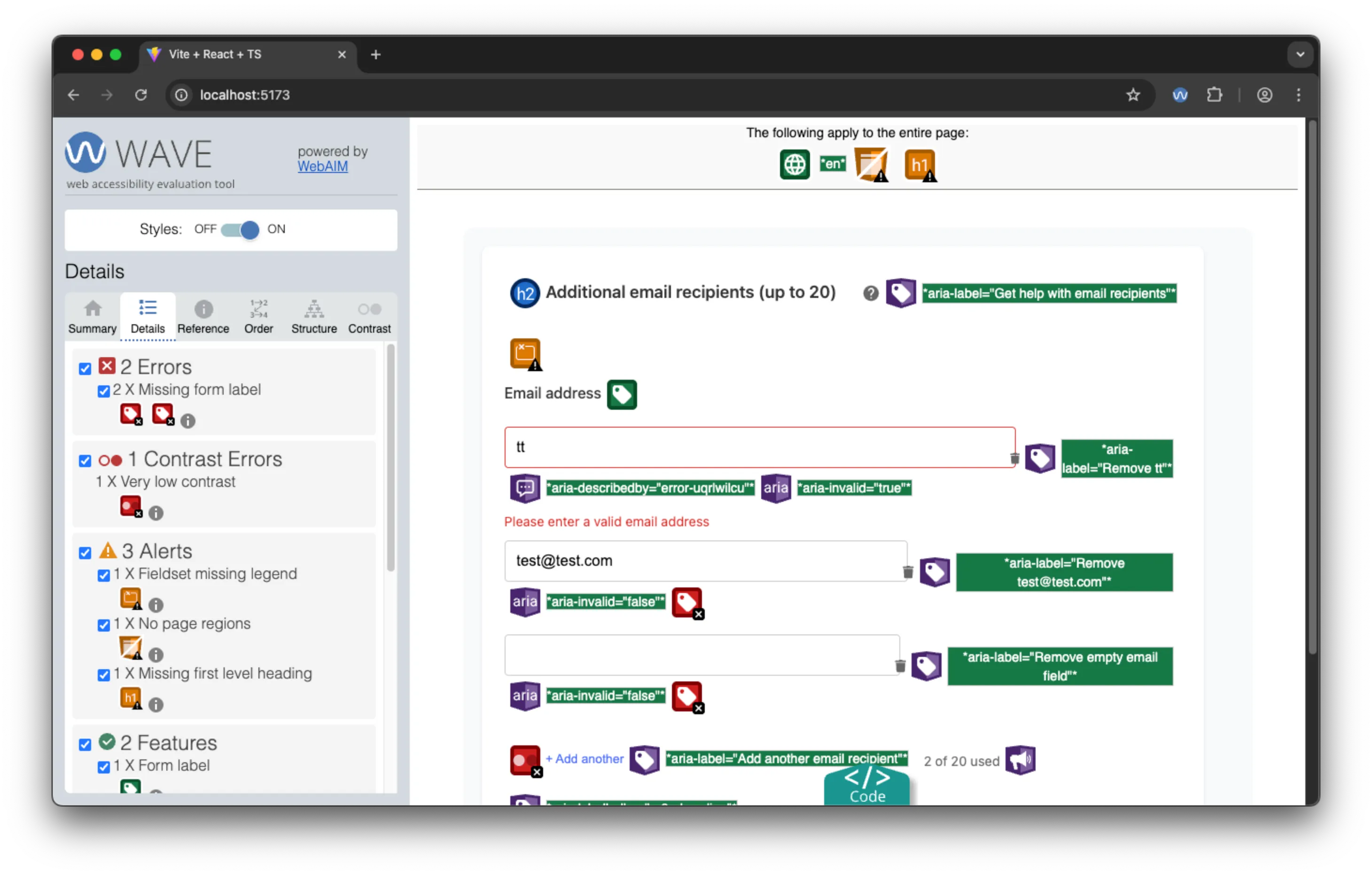 Claude, highlights using the WAVE browser extension to check multiple inputs