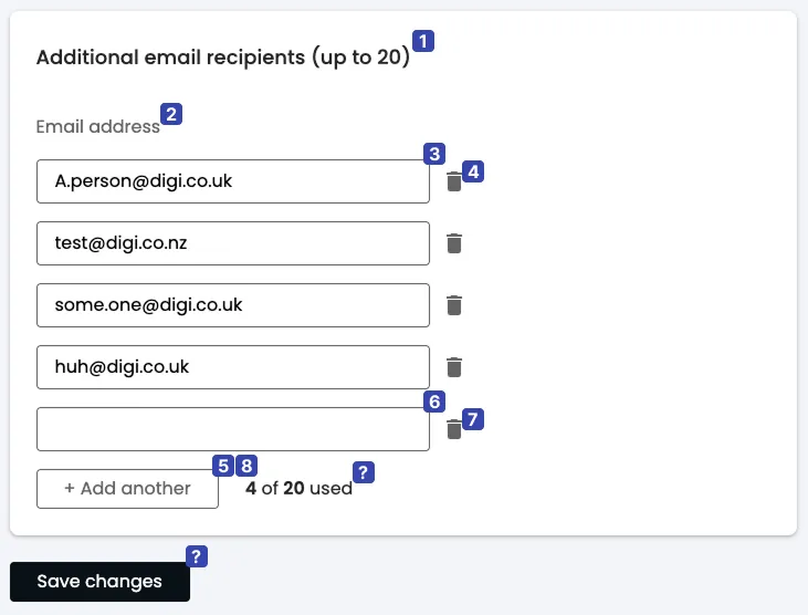 Filled in state of the UI. 3 input fields with text and bin icons, with a button to add another item and a save button. Each element has an order number next to it.