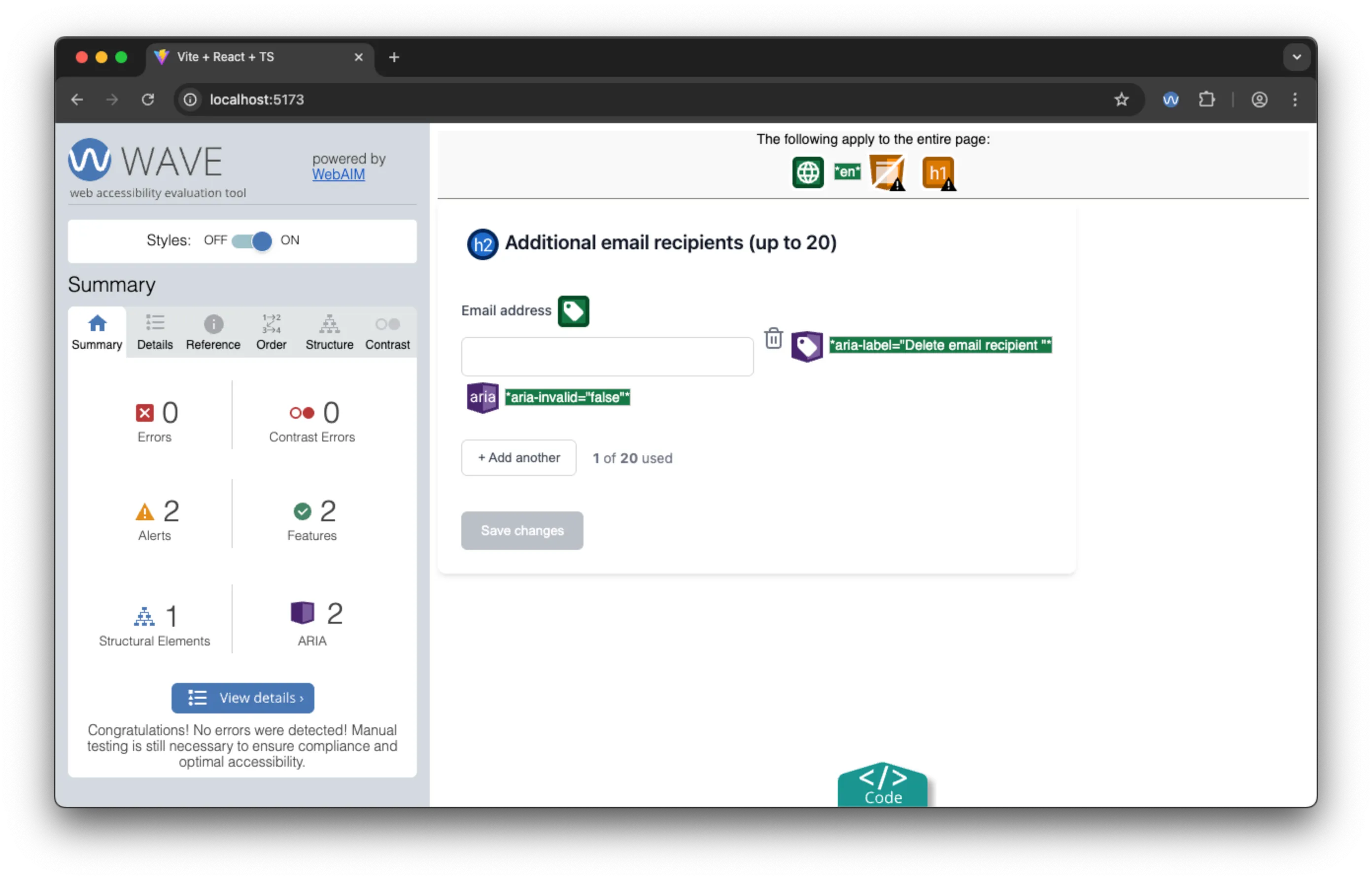 Gemini, highlights using the WAVE browser extension to check 1 input