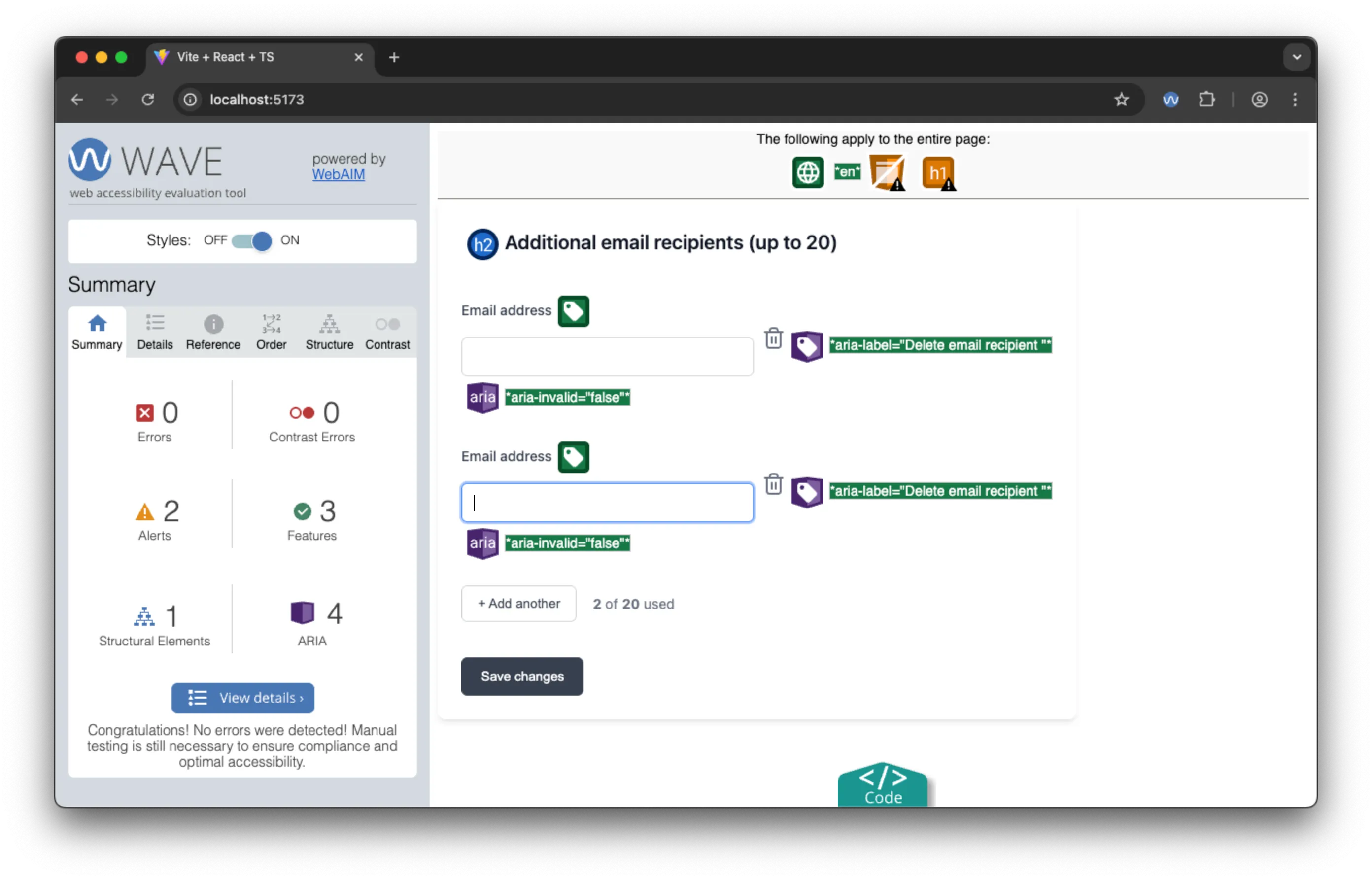 Gemini, highlights using the WAVE browser extension to check multiple inputs
