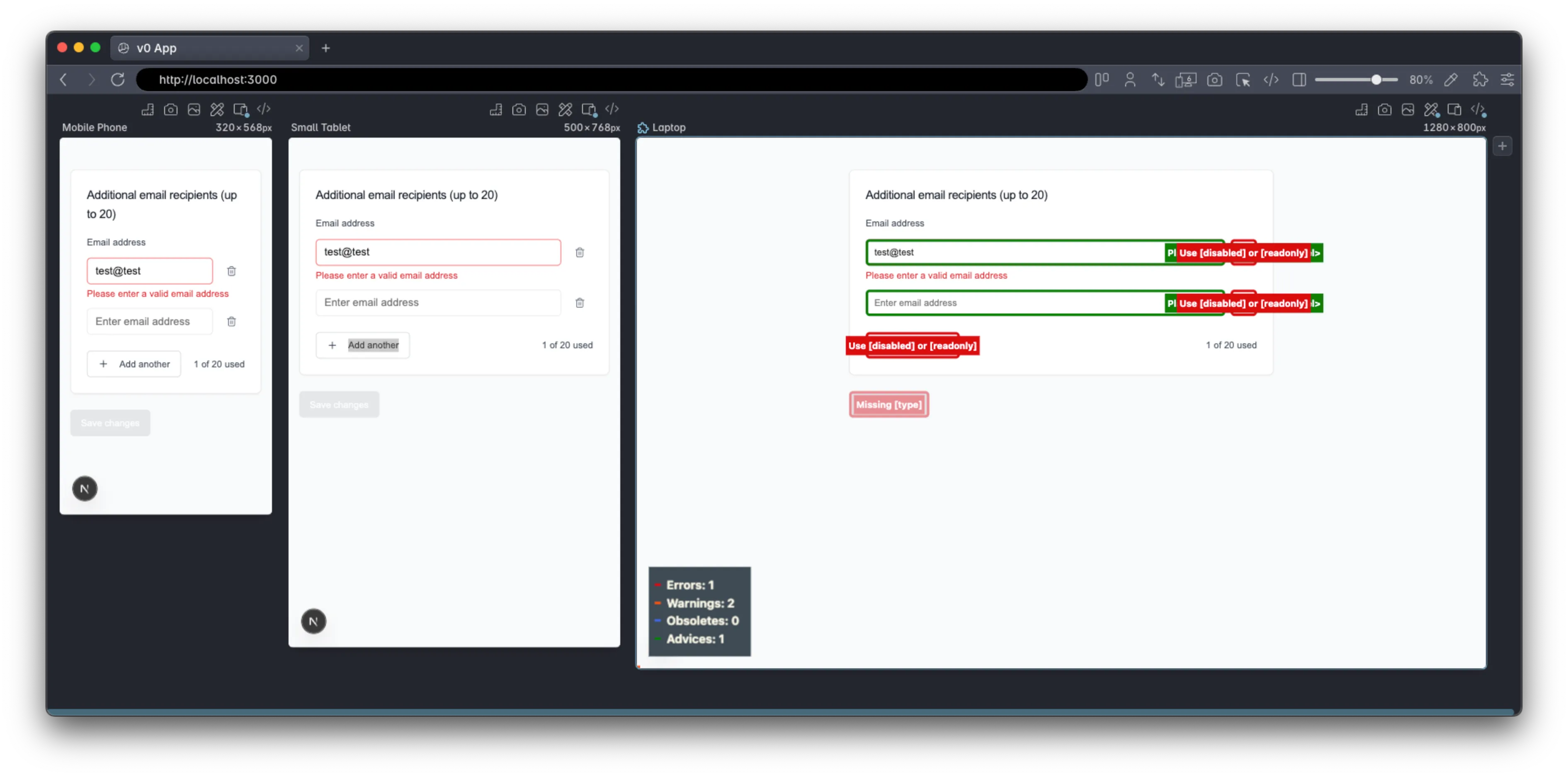 V0, highlights using Polypane's "accessibility css"