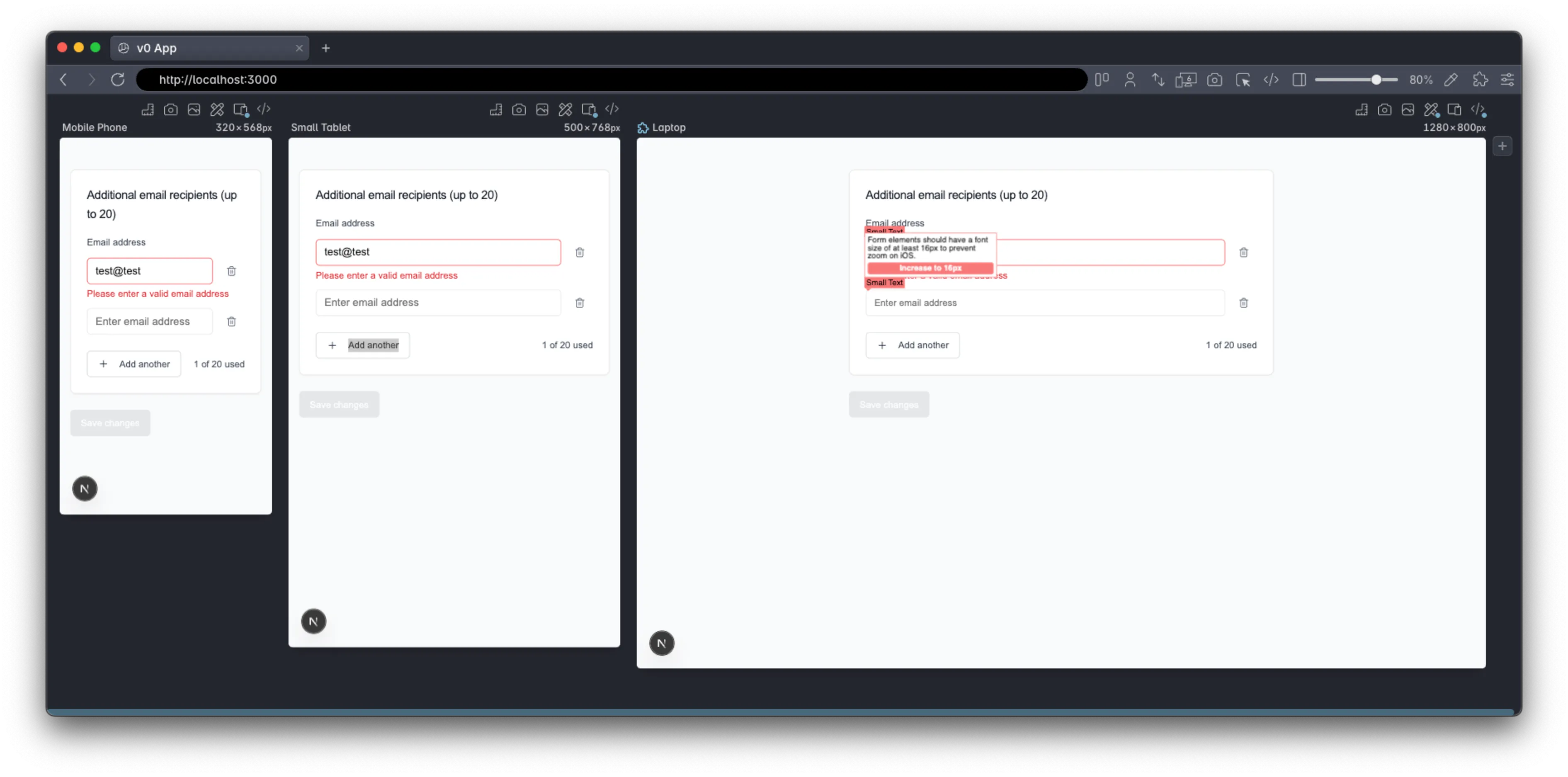 V0, highlights using Polypane's small text checker