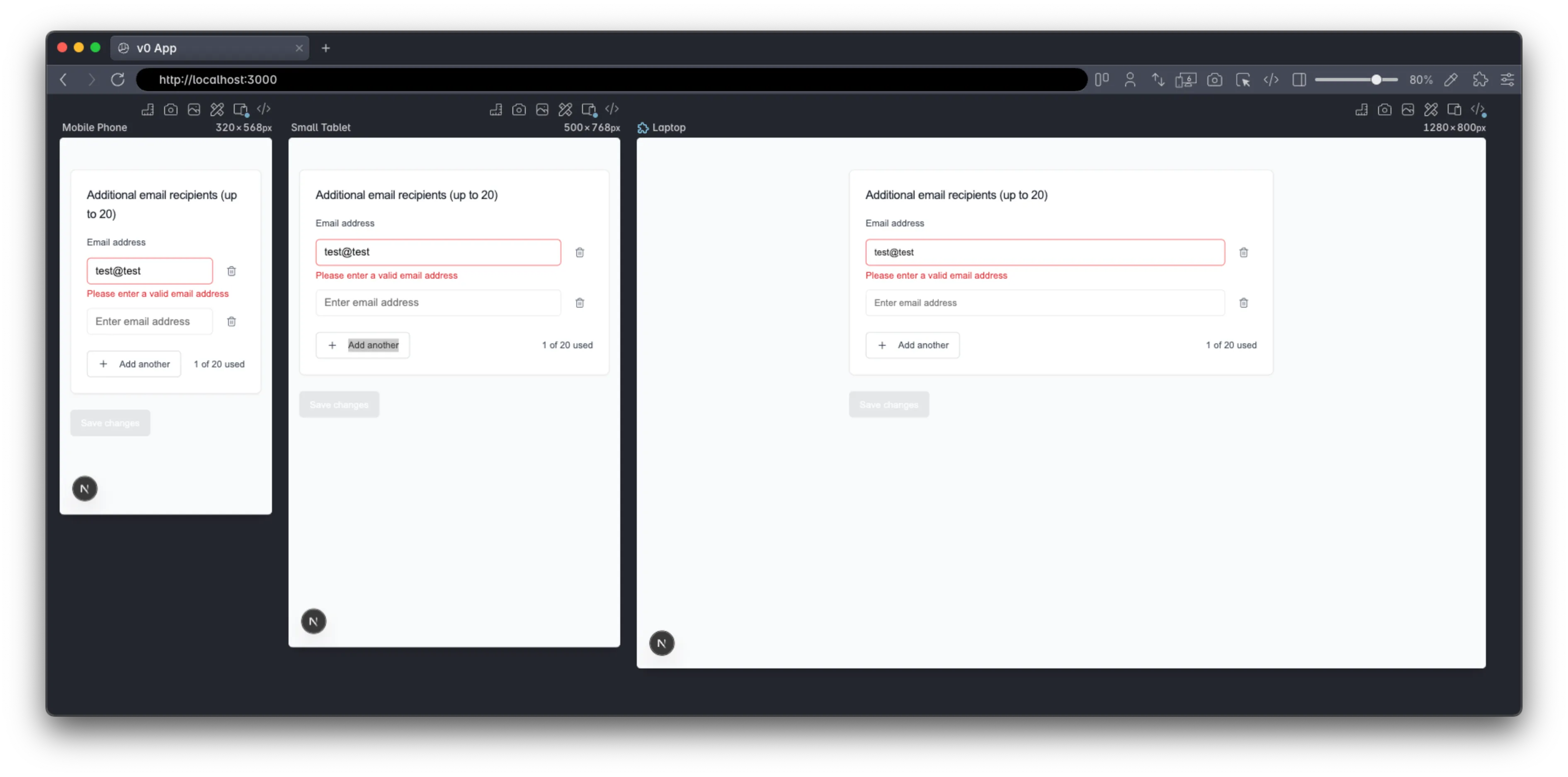 V0's output at different screen sizes