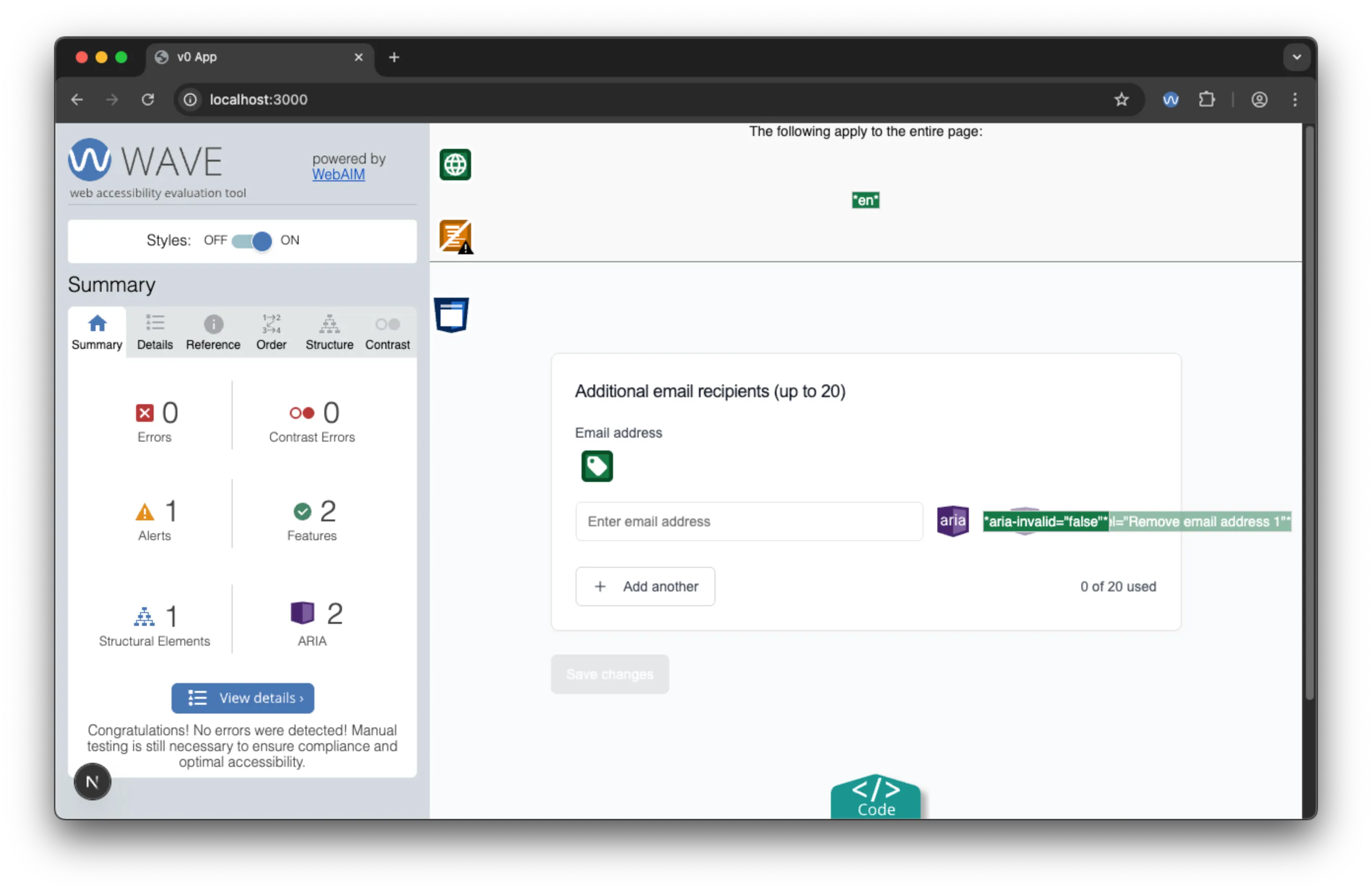 V0, highlights using the WAVE browser extension to check 1 input